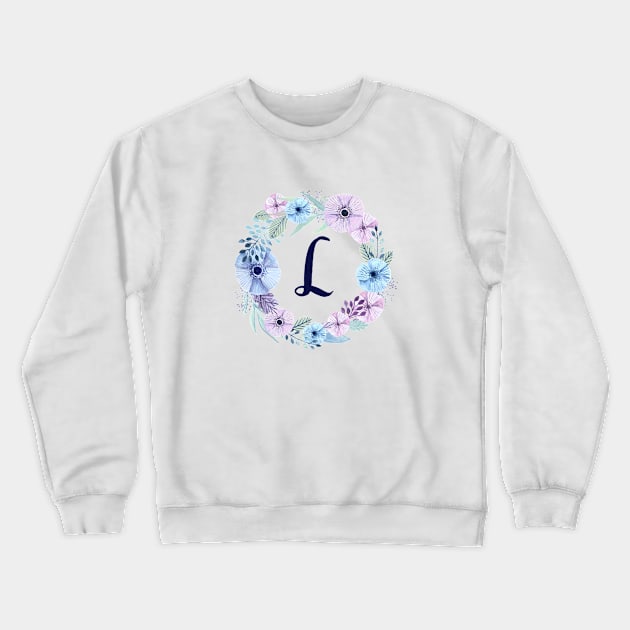 Floral Monogram L Icy Winter Blossoms Crewneck Sweatshirt by floralmonogram